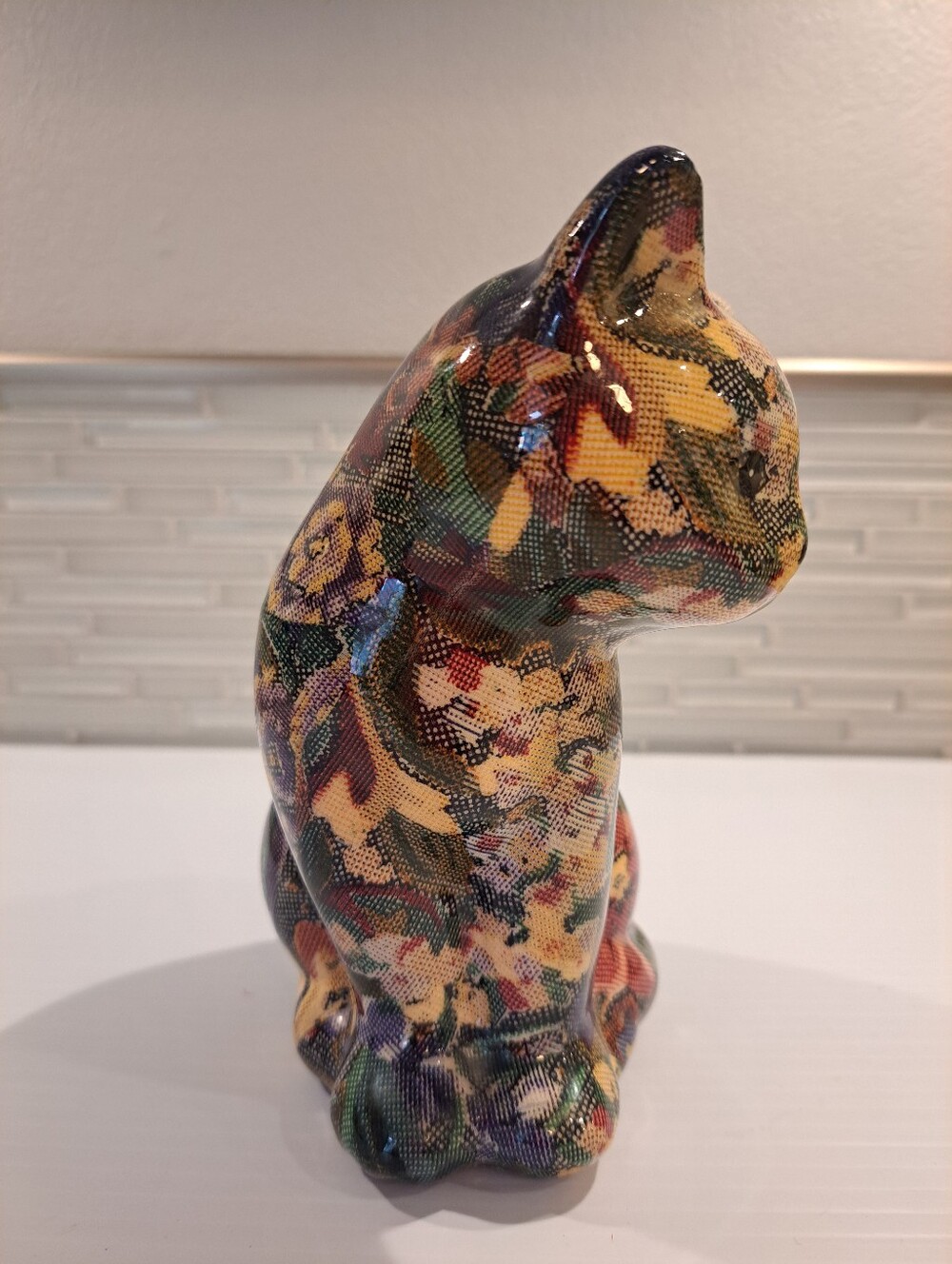 Vtg Decoupage Ceramic Cat Figurine Floral Patchwork Design 6.75" Tall Folk Art - Picture 4 of 7